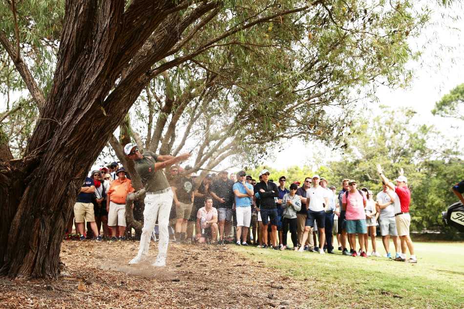 比赛现场观众聚集在果岭周边山坡上观看比赛，感受澳大利亚公开赛热烈的竞技氛围与独特自然环境。