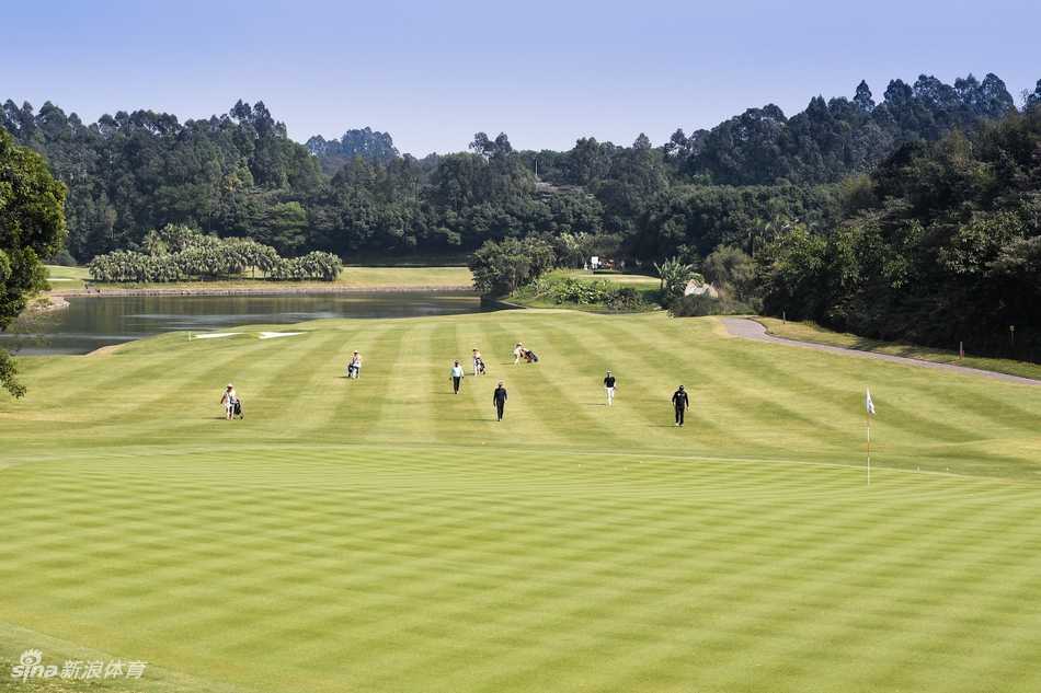 球员与球童并肩行走在球道上，背影显得坚定而充满默契